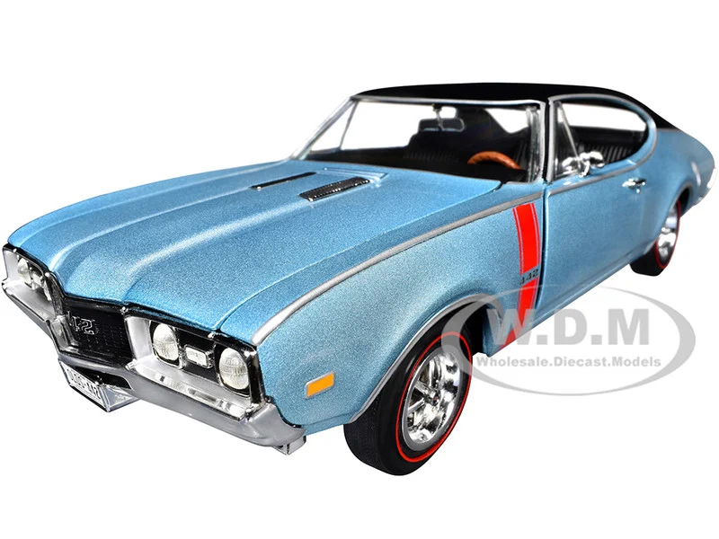 1968 Oldsmobile 442 W30 Holiday Coupe Teal Frost Metallic with Red Stripes and Black Vinyl Top "Hemmings Motor News July 2023 Cover Car" "American Muscle" Series 1/18 Diecast Model Car by Auto World - Oldsmobile Models