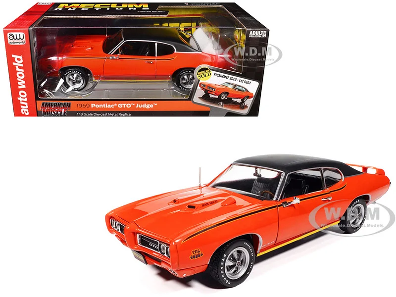 1969 Pontiac GTO Judge Carousel Red with Black Stripes and Black Vinyl Top "Mecum Auctions" "American Muscle" Series 1/18 Diecast Model Car by Auto World - Pontiac Models