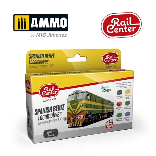 AMMO by Mig Jimenez R-1000 Rail Center Acrylic Colours Set - Spanish Renfe Locomotives Epoch IV (6x 15ml)