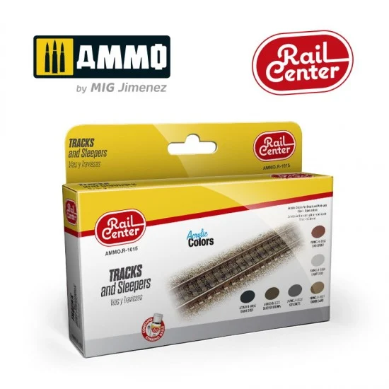 AMMO by Mig Jimenez R-1015 Rail Center Acrylic Colours Set - Tracks and Sleepers (6 jars, 15ml each)