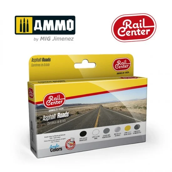 AMMO by Mig Jimenez R-1025 Acrylic Paints for Railway - Rail Center #Asphalt Roads (6x 15ml)