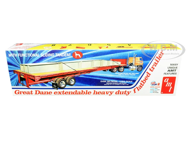 Skill 3 Model Kit Great Dane Extendable Heavy Duty Flat Bed Trailer with Functional Sliding Tandem 1/25 Scale Model by AMT - Model Kits (To Built)