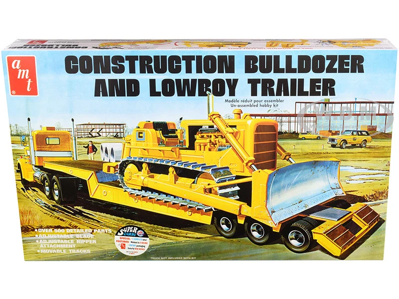 Skill 3 Model Kit Construction Bulldozer and Lowboy Trailer Set of 2 pieces 1/25 Scale Model by AMT - Construction Models