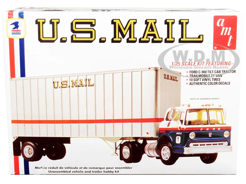 Skill 3 Model Kit Ford C900 Truck Tractor with Trailer "U.S. Mail" 1/25 Scale Model by AMT - Ford Models