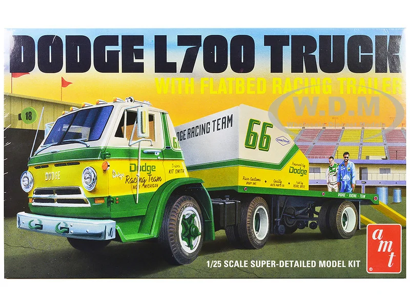 Skill 3 Model Kit 1966 Dodge L700 Truck with Flatbed Racing Trailer 1/25 Scale Model by AMT - Dodge Models