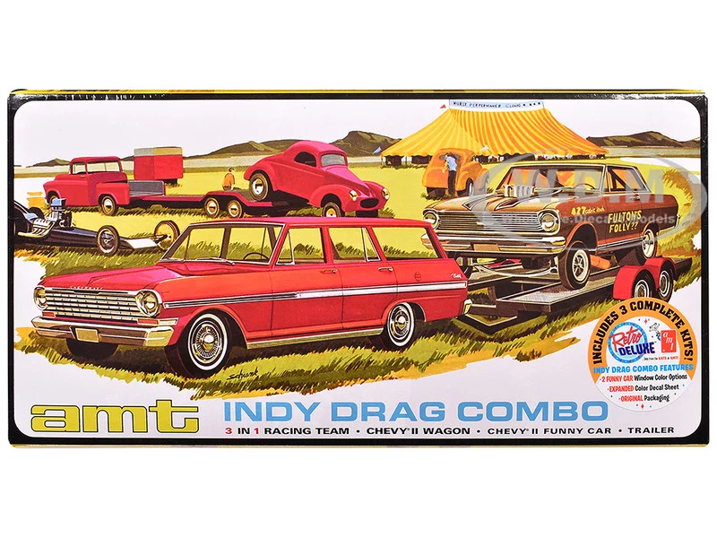 Skill 2 Model Kit Indy Drag Combo Chevrolet II Wagon and Funny Car with Trailer 3 in 1 Set 1/25 Scale Model by AMT - Indy Car Models