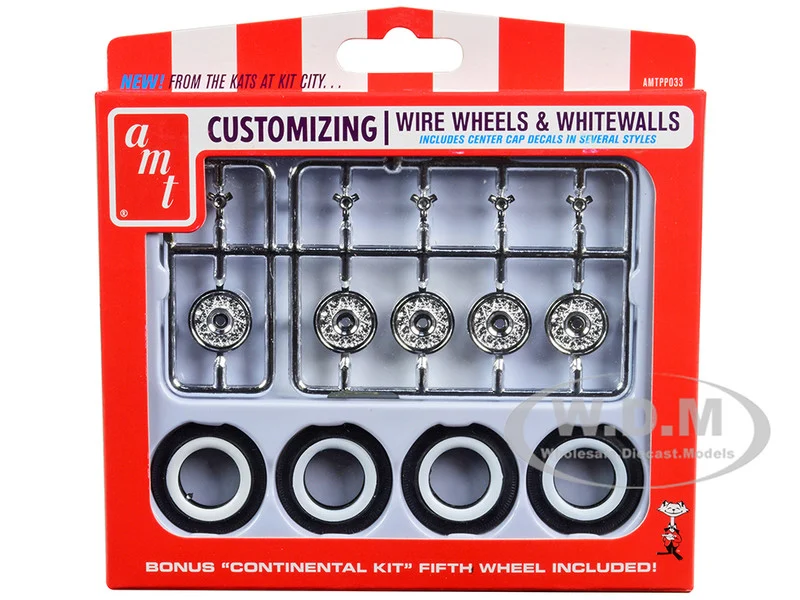Skill 2 Model Kit Wire Wheels and Whitewall Tires Set of 5 Pieces for 1/25 Scale Models by AMT - Accessories
