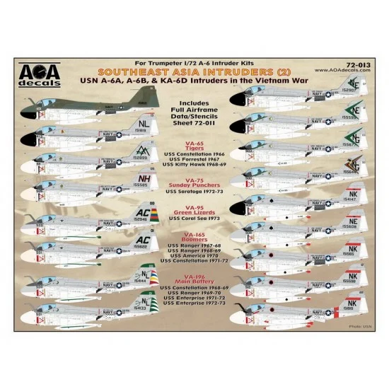 AOA Decals 72-013 1/72 Southeast Asia Intruders 2 - USN A-6A, A-6B, KA-6D Intruders in Vietnam War