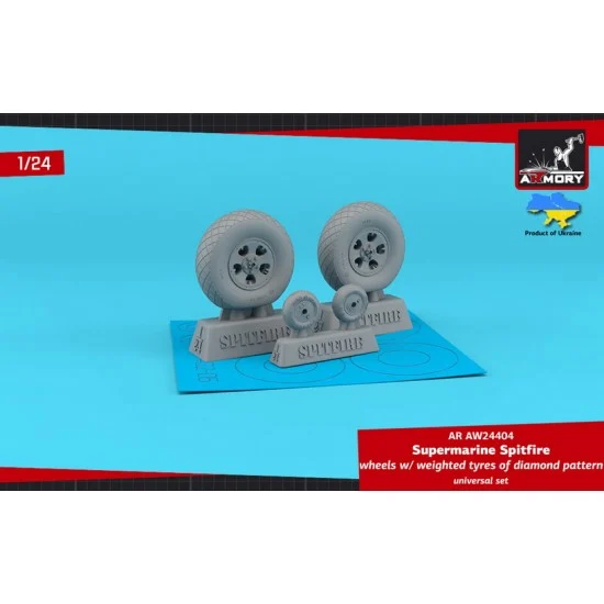 Armory Production AW24404 1/24 Supermarine Spitfire Wheels w/Weighted Tyres of Diamond Pattern & 5-Spoke Hubs