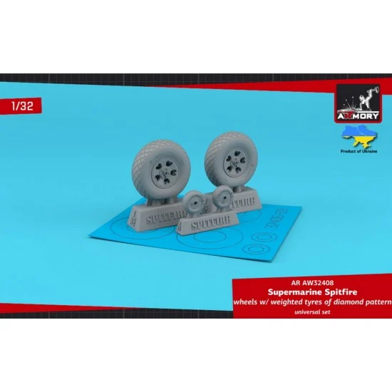 Armory Production AW32408 1/32 Supermarine Spitfire Wheels w/Weighted Tyres of Diamond Pattern & 5-Spoke Hubs