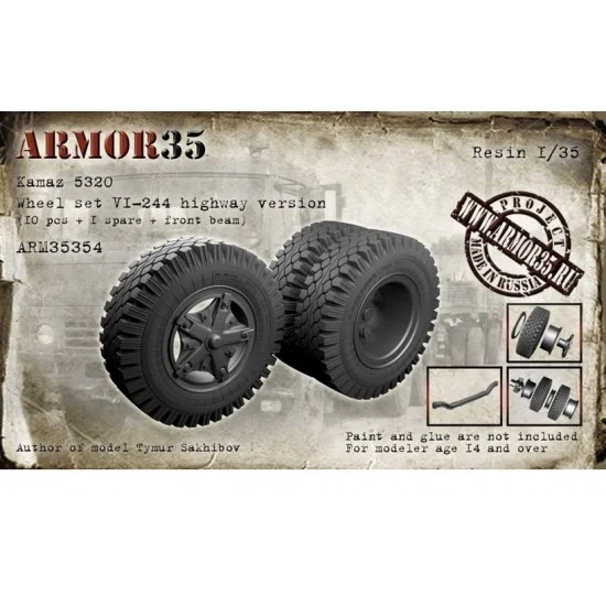 Armor35 35354 1/35 Kamaz 5320 Wheel set VI-244 Highway Version (10pcs, 1 spare & front beam)