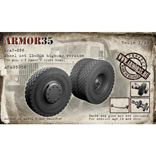 Armor35 35358 1/35 KrAZ-256 Wheel set ID-304 Highway Ver. (10pcs + 1 spare + front beam)
