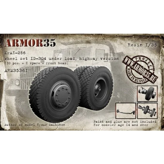 Armor35 35361 1/35 KrAZ-256 Wheel set ID-304 Under Load Highway Ver. (10pcs + 1 spare + front beam)