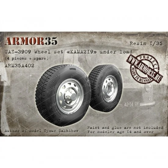 Armor35 35A402 1/35 UAZ-3909 Wheel set "KAMA219" Under Load (4pcs + spare)