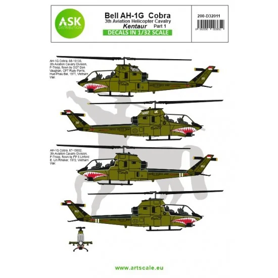 Art Scale Kit D32011 Decals for 1/32 Bell AH-1G Cobra Kentaur 3th Aviation Helicopter Cavalry Part 1