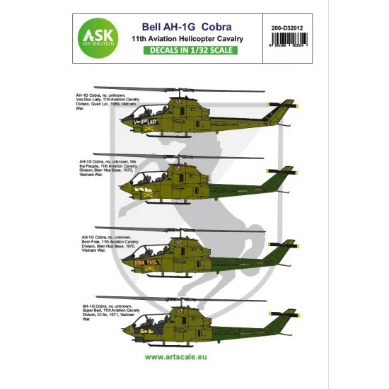 Art Scale Kit D32012 Decals for 1/32 Bell AH-1G Cobra 11th Aviation Helicopter Cavalry