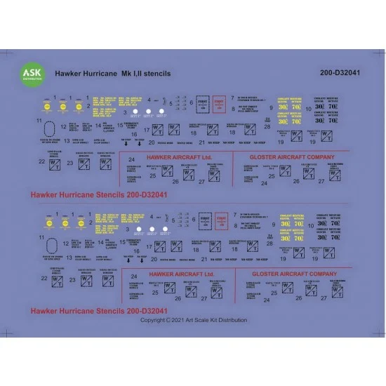 Art Scale Kit D32041 Decals for 1/32 Hawker Hurricane Mk.I, Mk.II - stencils