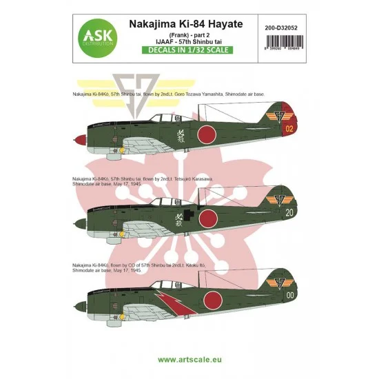 Art Scale Kit D32052 Decal for 1/32 Nakajima Ki-84 Hayate (Frank) part 2 - IJA Air Force - 57th Shinbu tai