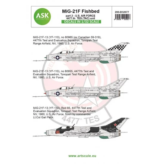 Art Scale Kit D32077 Decals for 1/32 MiG-21F-13 Fishbed Part 2 - US Air Force Tes (Tac) Unit