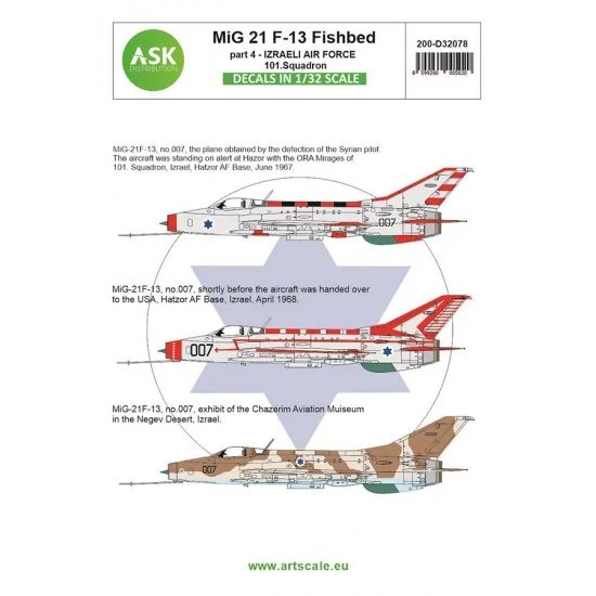 Art Scale Kit D32078 Decals for 1/32 MiG-21F-13 Fishbed Part 4 - Israeli Air Force, 101 Squadron