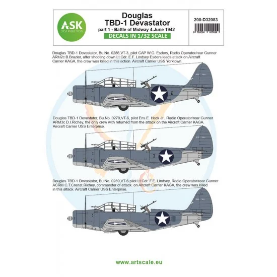 Art Scale Kit D32083 Decals for 1/32 Douglas TBD-1 Devastator Part 1 - Battle Of Midway 4. June 1942