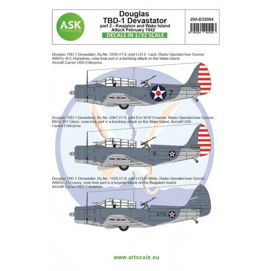 Art Scale Kit D32084 Decals for 1/32 Douglas TBD-1 Devastator Part 2 - Kwajalein & Wake Island Attack February 1942