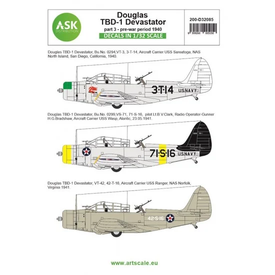 Art Scale Kit D32085 Decals for 1/32 Douglas TBD-1 Devastator Part 3 - Pre-War Period 1940