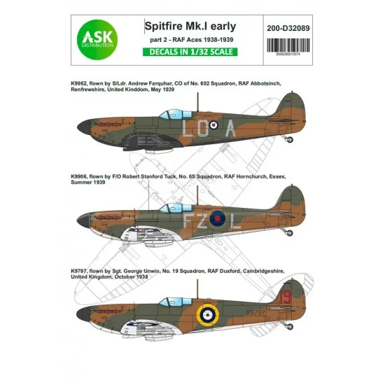 Art Scale Kit D32089 1/32 Spitfire Mk.I Early Decal part 2 - RAF Aces 1938 - 1939
