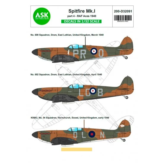 Art Scale Kit D32091 1/32 Spitfire Mk.I Early Decal part 4 - RAF Aces 1940