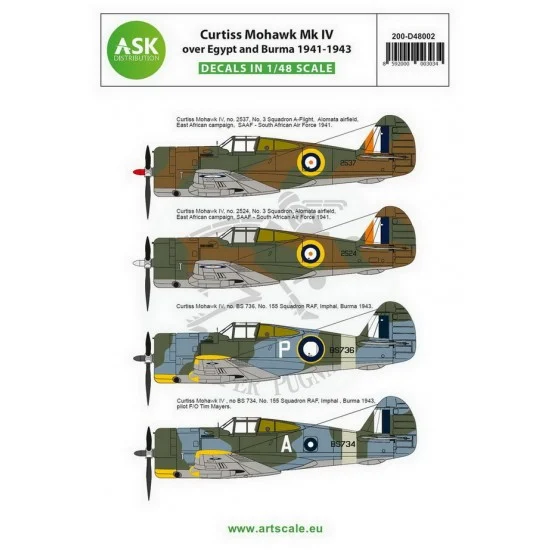 Art Scale Kit D48002 Decals for 1/48 Curtiss Mohawk IV over Egypt and Burma 1941-1943