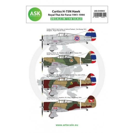 Art Scale Kit D48003 Decals for 1/48 Curtiss H-75N Royal Thai Air Force service 1941-1944