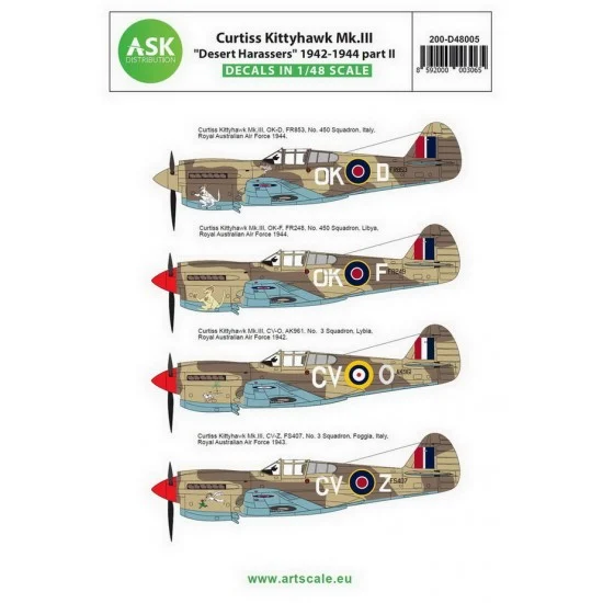 Art Scale Kit D48005 Decals for 1/48 Curtiss Kittyhawk Mk.III "Desert Harassers" North Africa / Italy 1942-1944 part II