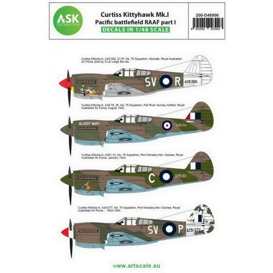 Art Scale Kit D48006 Decals for 1/48 Curtiss Kittyhawk Mk.I Pacific Battlefield RAAF part I - Model Planes