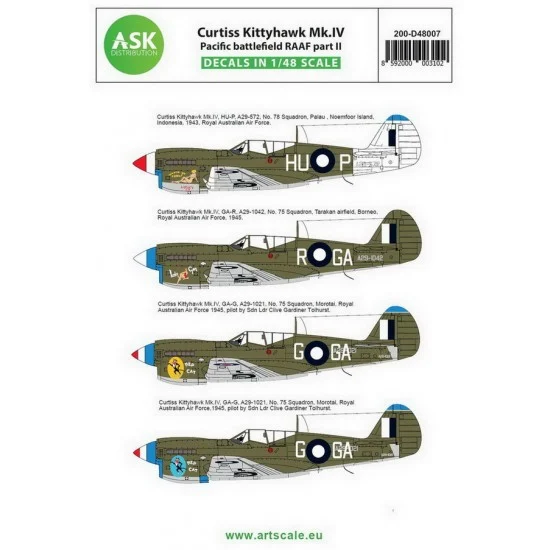 Art Scale Kit D48007 Decals for 1/48 Curtiss Kittyhawk Mk.IV Pacific Battlefield RAAF part II - Model Planes