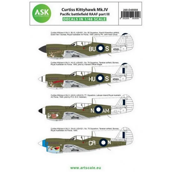 Art Scale Kit D48008 Decals for 1/48 Curtiss Kittyhawk Mk.IV Pacific Battlefield RAAF part III - Model Planes
