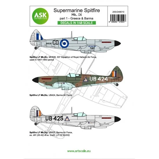 Art Scale Kit D48010 Decal for 1/48 Supermarine Spitfire Mk.Ixc, IXe p1 - Greece, Barma [Limited Edition]