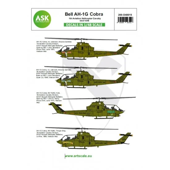 Art Scale Kit D48015 Decals for 1/48 Bell AH-1G Cobra 1th Aviation Helicopter Cavalery D/227 AHB part 1