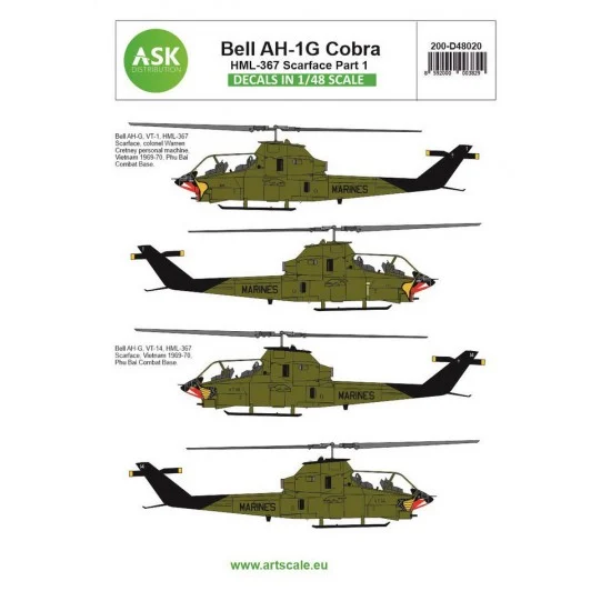 Art Scale Kit D48020 Decals for 1/48 Bell AH-1G Cobra part 7 - HML367 Scarface