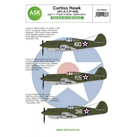 Art Scale Kit D48027 Decals for 1/48 Curtiss Hawk 81-A-2 Part 1 - Pearl Harbor Defenders
