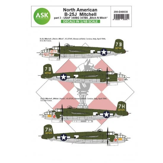 Art Scale Kit D48038 Decals for 1/48 B-25J Mitchell Part 3 - US Air Force "Bitch N Mitch"