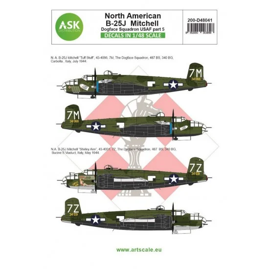 Art Scale Kit D48041 Decals for 1/48 B-25J Mitchell p5 - US Dogface Sq. Shirley Ann & Tuff Stuff Mediterranean