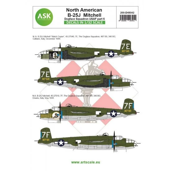 Art Scale Kit D48042 Decals for 1/48 B-25J Mitchell p6 - US Dogface Sq. Watch Copier & Willie Mediterranean
