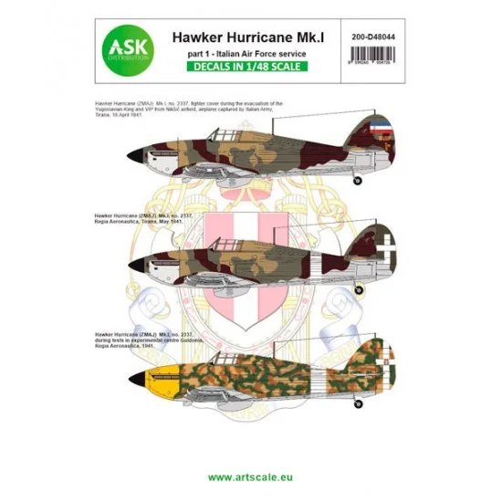 Art Scale Kit D48044 Decal for 1/48 Hawker Hurricane Mk.I part 1 - Italian / Jugoslavian AF