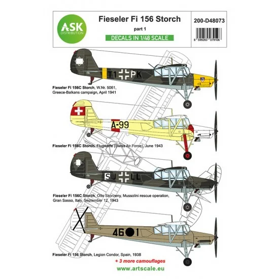 Art Scale Kit D48073 1/48 Fieseler Fi 156 Storch Decal part 1 - Model Planes