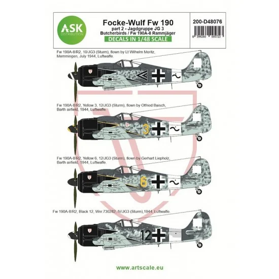 Art Scale Kit D48076 1/48 Focke-Wulf Fw 190A-8/R2 Decal part 2 - JG 3 Butcherbirds / Fw 190A-8 Rammjager