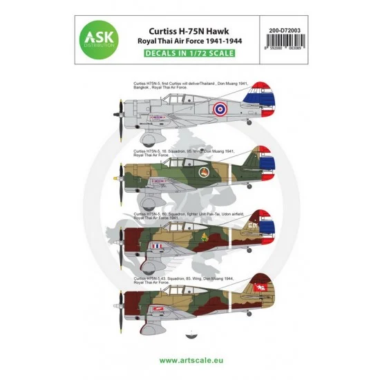 Art Scale Kit D72003 Decals for 1/72 Curtiss H-75N Hawk Royal Thai Air Force 1941-1944