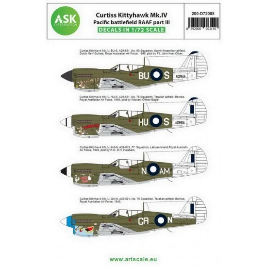 Art Scale Kit D72008 Decals for 1/72 Curtiss Kittyhawk Mk.IV Pacific Battlefield RAAF part III - Model Planes