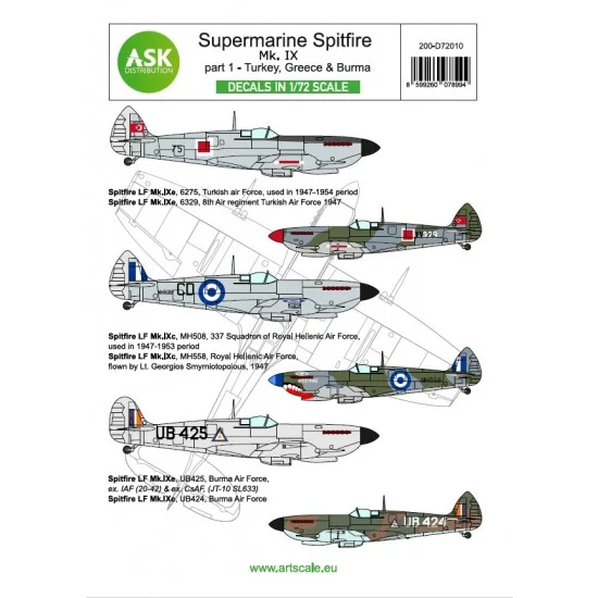 Art Scale Kit D72010 Decal for 1/72 Supermarine Spitfire Mk.IXc & Mk.IXe part 1 - Greece, Turkiye, Barma