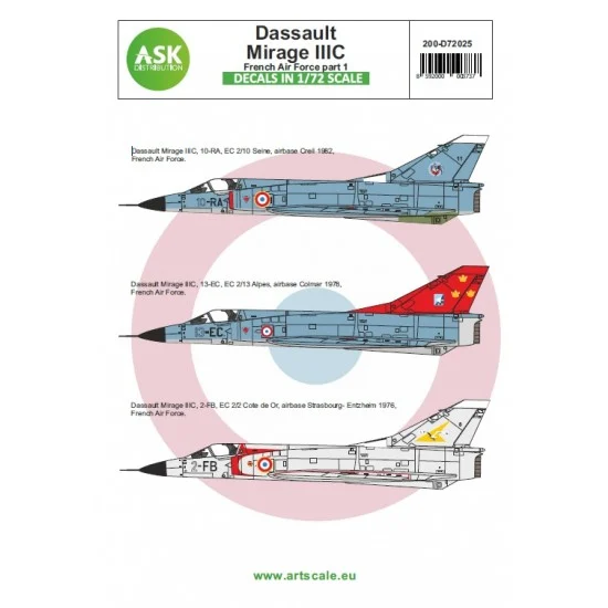 Art Scale Kit D72025 Decals for 1/72 Dassault Mirage IIIC French Air Force part 1 - Model Planes