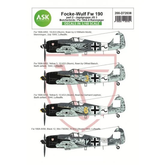 Art Scale Kit D72038 1/72 Focke-Wulf Fw 190A-8/R2 Decals Part 2 - Jg 3 Butcherbirds / Fw 190A-8 Rammjager